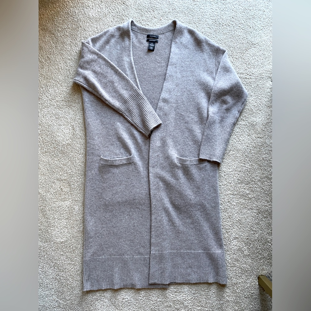 Halogen Long Cardigan Cashmere Blend Heathered Oatmeal Medium Petite